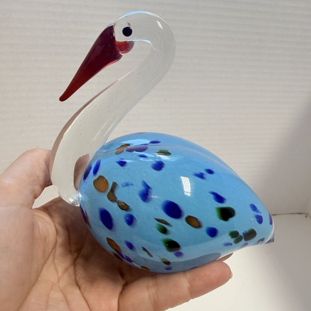 Hand Blown Murano Style Art Glass Turquoise Speckled Bird With Tall Metal Legs - Picture 9 of 10